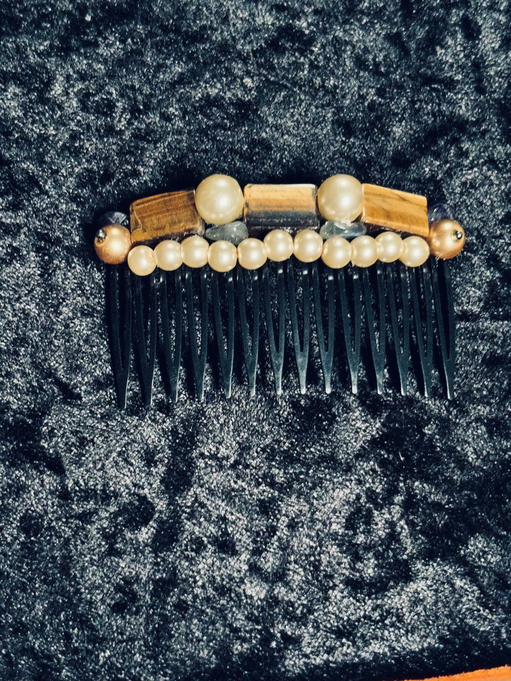 Natural Tiger’s Eye & Faux Pearl Structural Gemstone Hair Comb