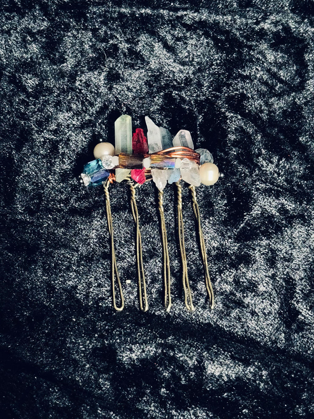 One of a Kind Raw Clear Quartz & Dark Crystal Wire-Wrapped Hair Comb