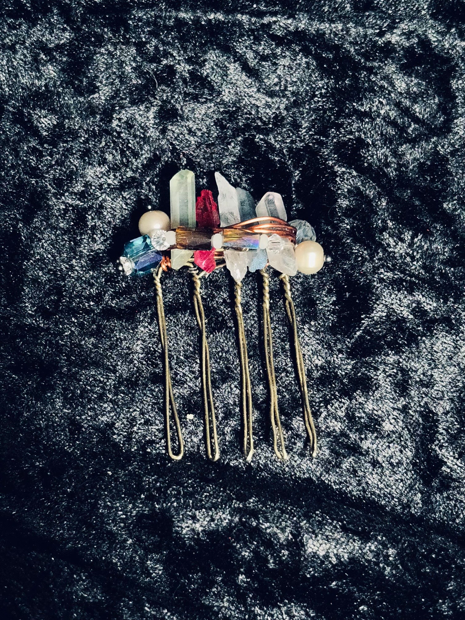 One of a Kind Raw Clear Quartz & Dark Crystal Wire-Wrapped Hair Comb