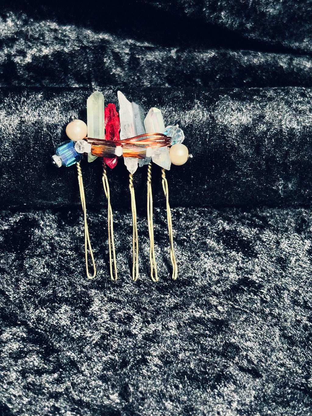 One of a Kind Raw Clear Quartz & Dark Crystal Wire-Wrapped Hair Comb