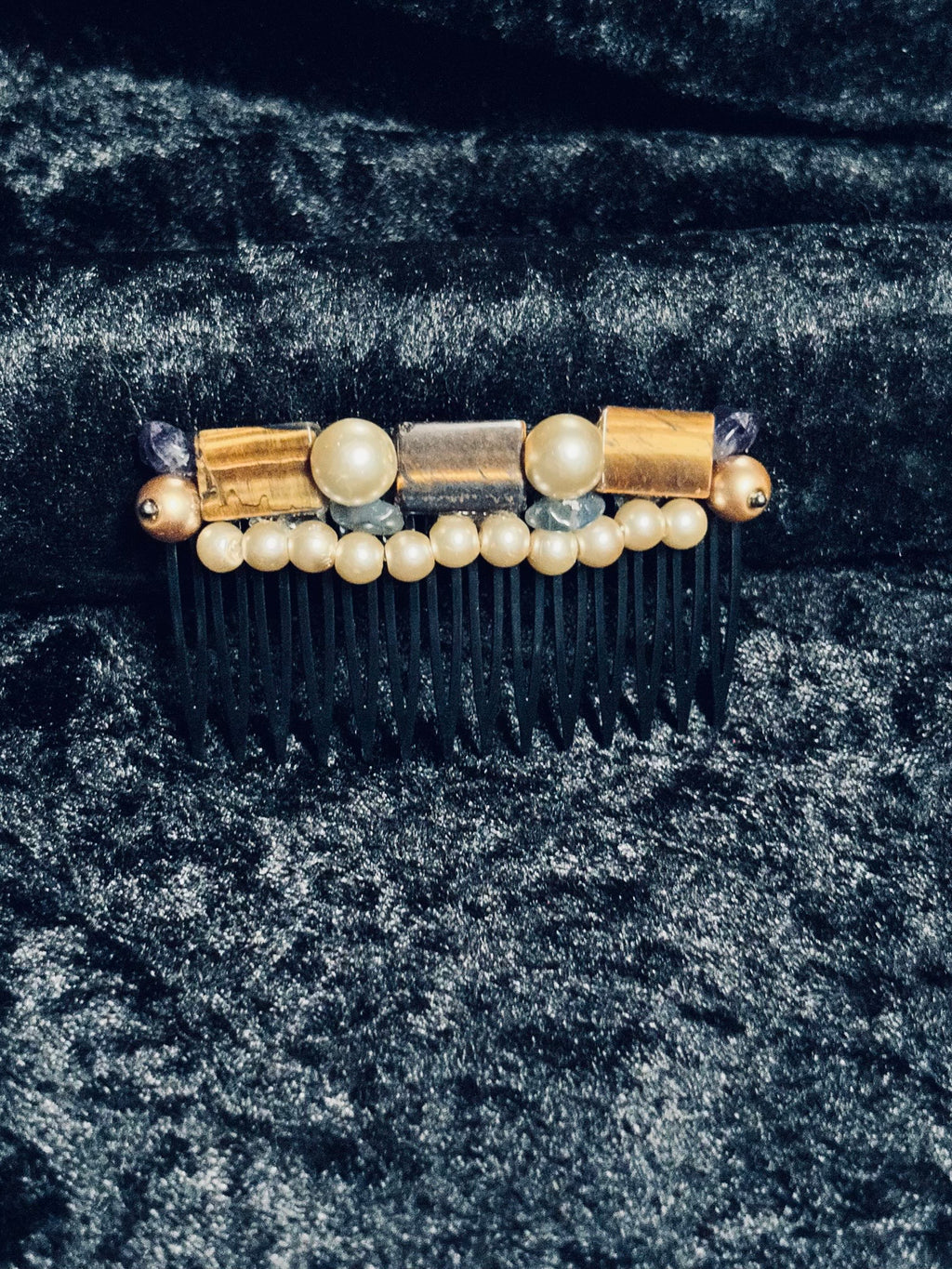 Natural Tiger’s Eye & Faux Pearl Structural Gemstone Hair Comb
