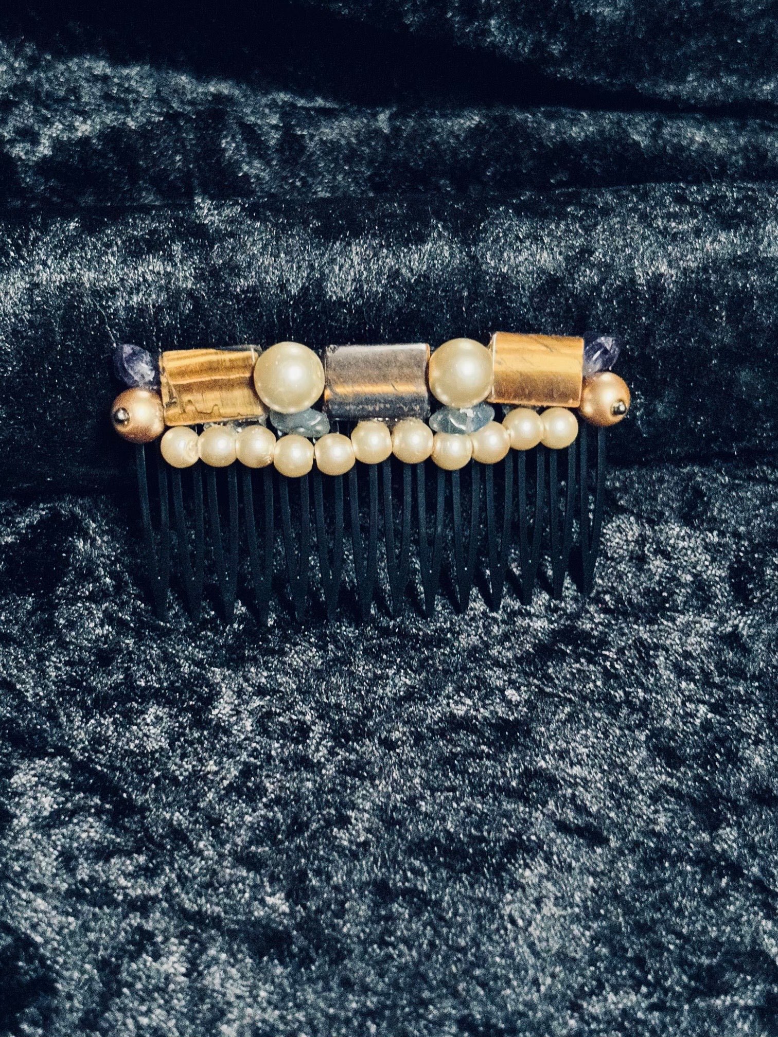 Natural Tiger’s Eye & Faux Pearl Structural Gemstone Hair Comb