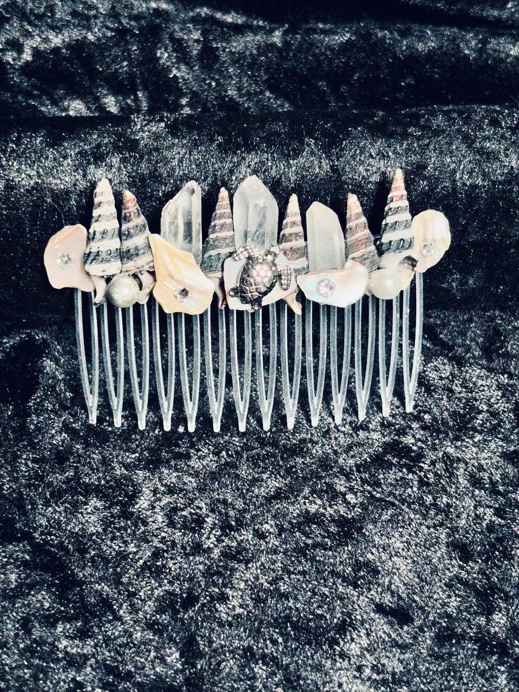 Sirens & Seashells Raw Quartz Hair Comb with Antiqued Turtle Focal
