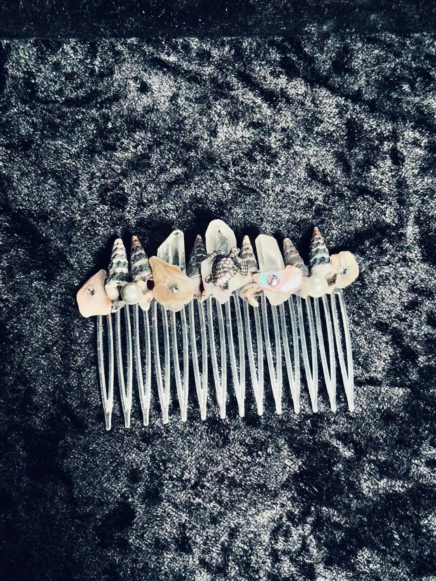 Sirens & Seashells Raw Quartz Hair Comb with Antiqued Turtle Focal